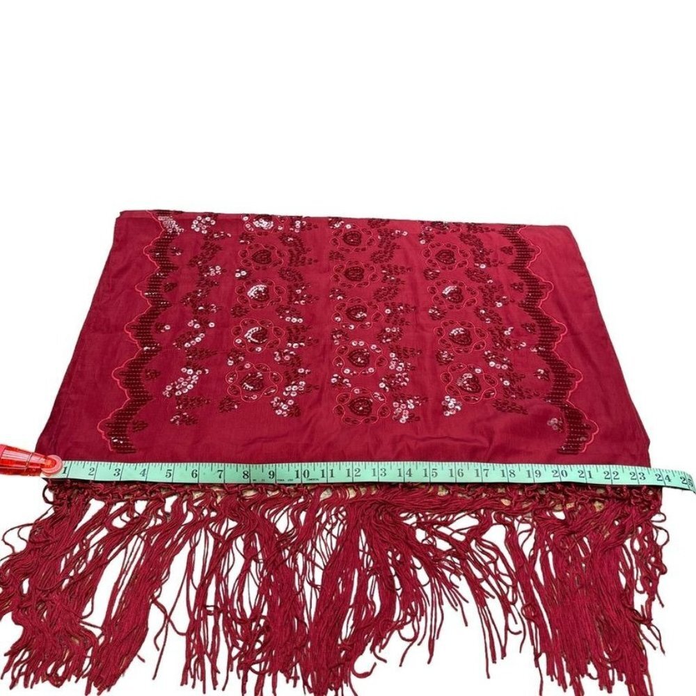 Indian Multi Use Burgundy Fringed Sequined Embroidered Scarf Shawl Wrap NWOT - Picture 5 of 6